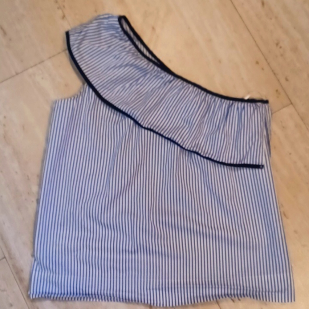 J. Crew Blue/White Striped One Shoulder Flounce Blouse